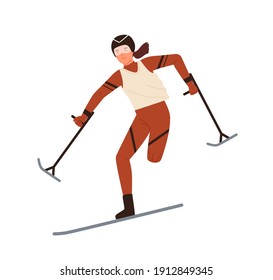 Disabled Woman Skier With Amputated Leg Vector Flat Illustration. Female Athlete Skiing Or Performing Winter Sports Activity Isolated. Sportswoman In Protective Helmet Take Part In Ski Race