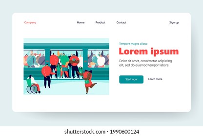 Disabled woman squeezing into overcrowded train. Crowd of people in metro flat vector illustration. Overpopulation, rush hour, public transport concept for banner, website design or landing web page