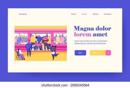 Disabled woman squeezing into overcrowded train. Crowd of people in metro flat vector illustration. Overpopulation, rush hour, public transport concept for banner, website design or landing web page