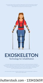Disabled woman stay with medical exoskeleton. Banner template. Medicine of the future, bionics technology. Vector illustration