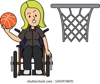 disabled woman targeting basketball on basket