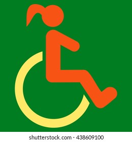 Disabled Woman vector icon. Style is bicolor flat icon symbol with rounded angles, orange and yellow colors, green background.