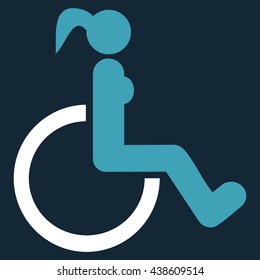 Disabled Woman vector icon. Style is bicolor flat icon symbol with rounded angles, blue and white colors, dark blue background.