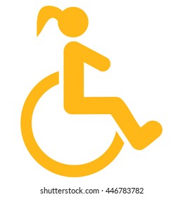 Disabled Woman vector icon. Style is flat icon symbol with rounded angles, yellow color, white background.