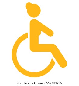 Disabled Woman vector icon. Style is flat icon symbol with rounded angles, yellow color, white background.