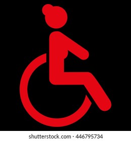 Disabled Woman vector icon. Style is flat icon symbol with rounded angles, red color, black background.