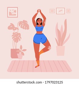 Disabled woman with vitiligo practices yoga in her room.Daily activities and fun.Home interior.Mindfulness practices.Meditative pose.Vector flat style cartoon illustration.