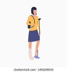 Disabled woman walking with crutch. Prosthesis, disability, handicapped. Disabled people concept. Vector illustration for website, landing page, online store