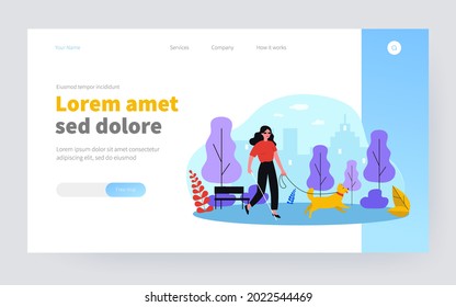 Disabled woman walking with guide dog. Blind person with cane in city park flat vector illustration. Disability, companion animals, therapy concept for banner, website design or landing web page svg