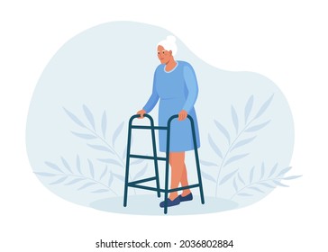 Disabled woman is walking, leaning on orthopedic walker. Medical rehabilitation, physical therapy activity. Professional supporting equipment for elderly people. Old grandmother in retirement