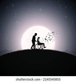  Disabled woman in wheelchair. Couple in love. Afterlife. Full moon