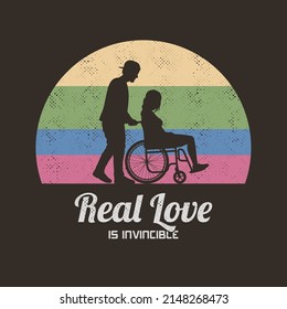 Disabled woman in wheelchair. Couple in love. Retro vintage t-shirt