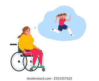 disabled woman in wheelchair dreaming about she run with protesthic legs vector illustration