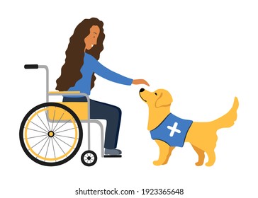 Disabled Woman In Wheelchair With Golden Retriever Assistant. Service Pet And Patient Isolated On Background. Dog Therapy For Banner, Flyer, Company, Medical Service, Hospital. Vector Illustration.