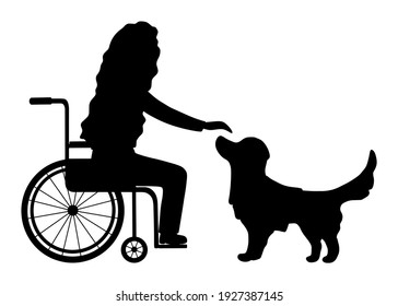 Disabled Woman In Wheelchair With Golden Retriever Assistant. Silhouette Service Pet And Patient Isolated On Background. Vector Illustration Dog Therapy For Banner, Company, Medical Service, Hospital.