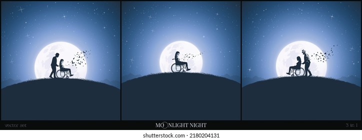 Disabled woman in wheelchair. Loving couple and moon. Death, afterlife