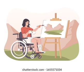 Disabled woman in wheelchair painting landscape