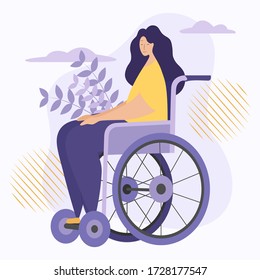 Disabled woman in a wheelchair. Patients with disabilities. Recovery and rehabilitation. Vector flat illustration.