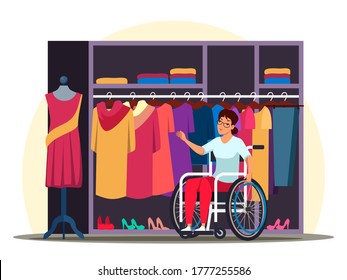 Disabled woman in wheelchair shopping, buys clothes in store. Handicapped people on social adaptation. Vector character illustration of tolerance, inclusive, accessibility and diversity concept