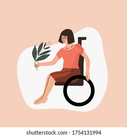 Disabled woman in a wheelchair smiling and enjoys life illustration. Female invalid with leaf in her hand. Medical recovery concept. Outdoors activity of young handicapped girl. Happy patient. 