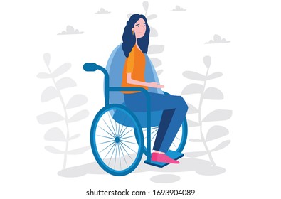 Disabled woman, wheelchair. Vector illustration for web banner, infographics, mobile. 