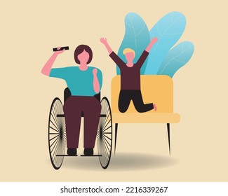 Disabled woman in wheelchair watching sports with child, flat vector stock illustration with sofa and leaves insulated