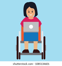 disabled woman in wheelchair work with computer. disability concept. vector illustration