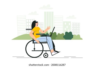 Disabled woman in wheelchair working outside with laptop. Banner of work for people with special needs. Disability in daily life concept. Young disabled female character flat vector illustration