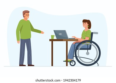 A disabled woman in a wheelchair works in an office behind a laptop. Interaction and communication with a colleague.