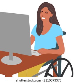 A disabled woman in a wheelchair works in the office. The concept of inclusion and diversity in society. Vector illustration