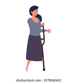 disabled woman without leg with crutch