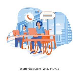 Disabled woman working in a call center office. Advising clients in a disability-friendly office. Woman with phone calling to customer support service concept. Flat vector illustration.