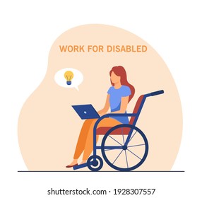Disabled woman working on laptop. Wheelchair, idea, computer flat vector illustration. Freelance and disability concept for banner, website design or landing web page