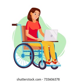 Disabled Woman Working Vector. Socialization Concept. Wheelchair With Person. Isolated Flat Cartoon Character Illustration