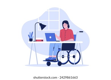 Disabled woman works using a wheelchair. Vector data illustration