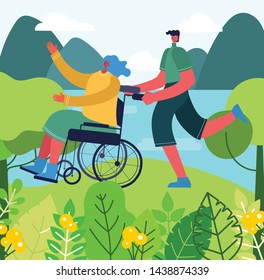 Disabled woman, young invalid person on the wheel chair on the nature, vector illustration in the flat style