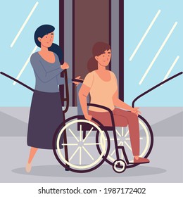 disabled women amputees with crutches and wheelchair svg