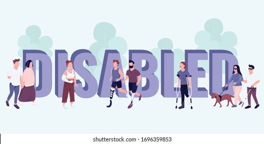 Disabled word concepts flat color vector banner. Isolated typography with tiny cartoon characters. People with disabilities and injuries active lifestyle creative illustration on blue