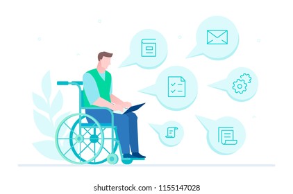 Disabled worker - flat design style illustration on white background. A composition with a person, businessman in a wheelchair working with a laptop, images of documents and files. Social concept