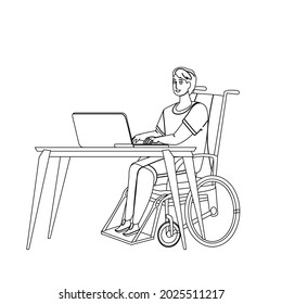 Disabled Worker At Workplace Remote Working Black Line Pencil Drawing Vector. Disabled Worker Sitting On Wheelchair Work Distance Or In Office, Disability Employee. Invalid Man Job Illustration