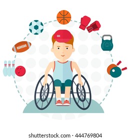 Disabled yang athlete may engage in any kind of sports. Football, basketball, tennis, rugby, athletics, boxing. Handicapped athlete. Objects isolated on background. Flat cartoon vector illustration.