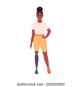 Disabled young black woman with prosthetic leg. Female character with a physical disability. Hand drawn vector illustration.