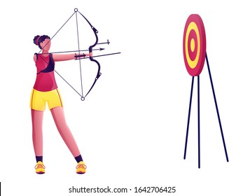 Disabled Young Girl Taking Aim From Bow Arrow in Dartboard on White Background.