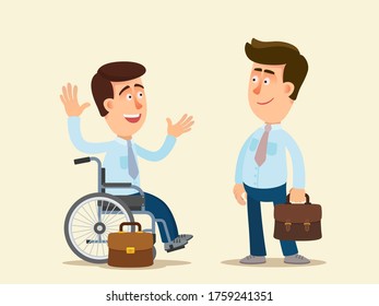 Disabled young guy in a wheelchair talking with friend in office at work. Handicapped man discussing with а colleague. Vector illustration, flat design, cartoon style, isolated background.