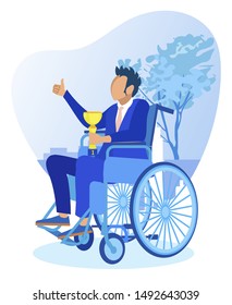 Disabled Young Male Brunet in Blue Business Suit, Sitting in Wheelchair, Holding Champion Cup and Giving Thumbs Up, Triumphing Over His Victory and Top Result, Getting Greetings and Posing