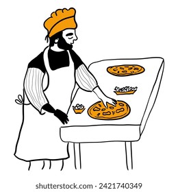 Disabled young man with a prosthetic arm makes pizza in the kitchen. Male character with a physical disability, prosthetic artificial hand, bionic prosthesis concept. Doodle style vector illustration.