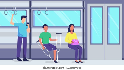 Disabled young man in public transportation. People with disabilities on public transportation, Young men go by train. People using public transport railway. Vector illustration in a flat style