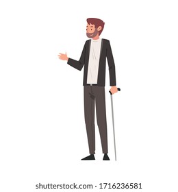 Disabled Young Man Standing with Walking Cane Vector Illustration