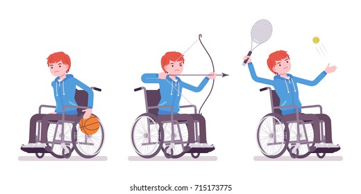 Disabled young man in wheelchair doing sport activity. Have fun and compete in tennis, archery. Disability and social policy concept. Vector flat style cartoon illustration, isolated, white background