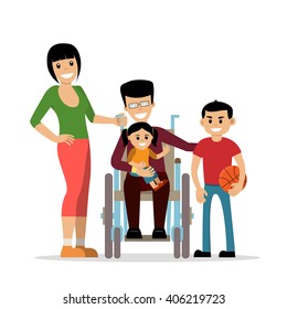 Disabled young man in wheelchair with his family. Father, mother, kids. Flat vector characters in isolated background. Concept for happy family,  lifestyle and opportunities for people with disability
